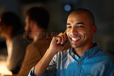 Buy stock photo Happy, man and phone call in office at night with late deadline or contact to client for project. Virtual, chat and person networking with communication in workplace and thinking of future with smile