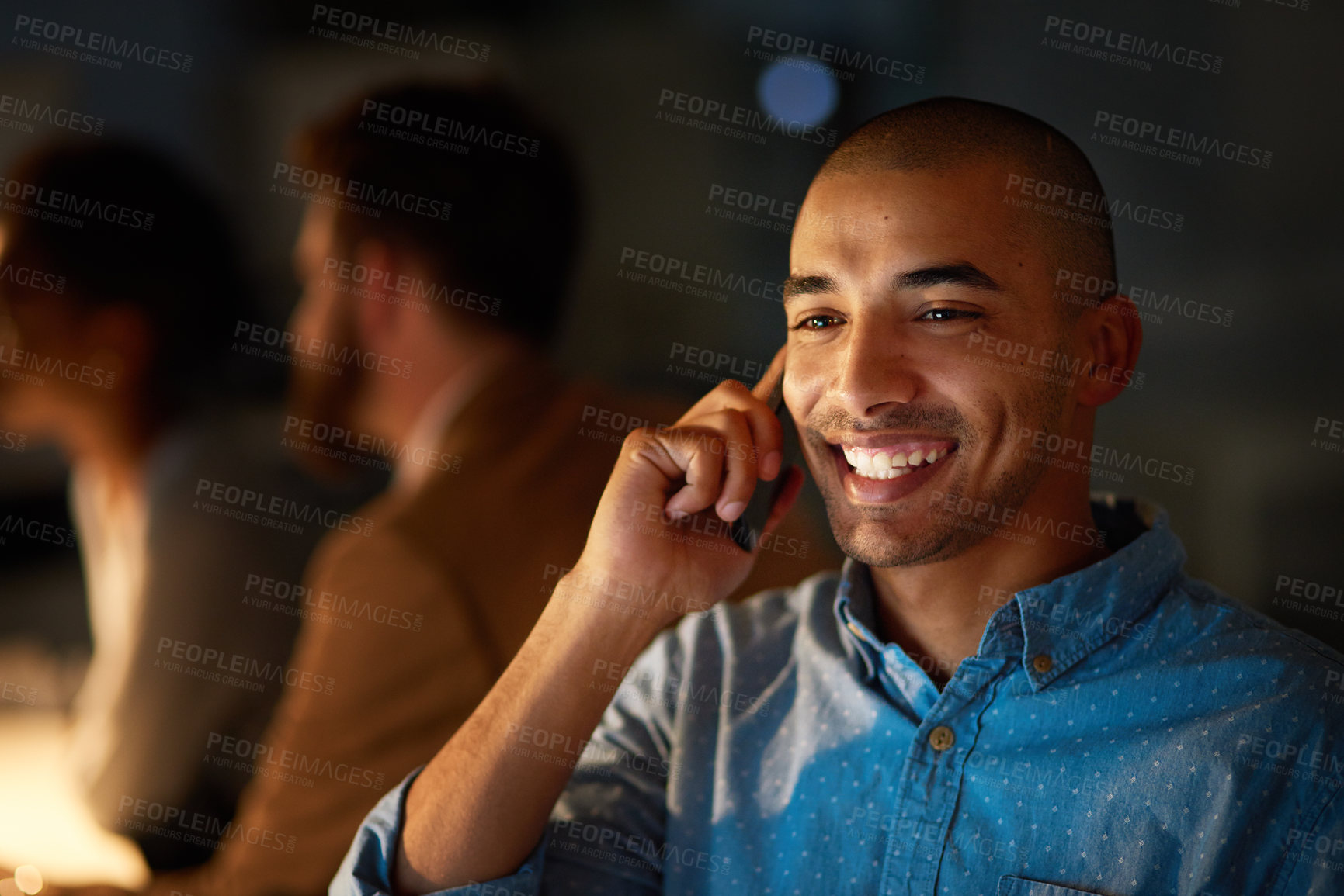 Buy stock photo Happy, man and phone call in office at night with late deadline or contact to client for project. Virtual, chat and person networking with communication in workplace and thinking of future with smile