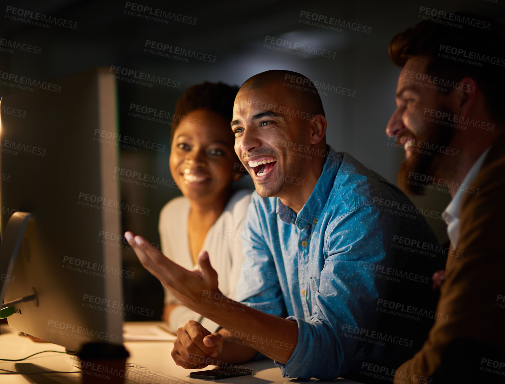 Buy stock photo Laughing, meeting and business people in office at night for planning, teamwork and collaboration. Happy, creative agency and men and women on computer for online project, website and research