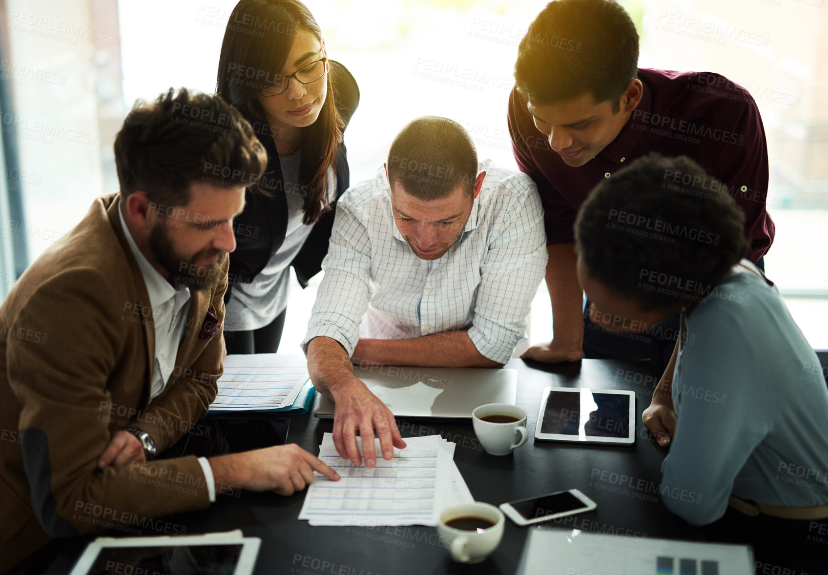 Buy stock photo Meeting, business and people with paperwork, discussion or office for teamwork support, feedback and review of budget goal. Man, staff and documents for brainstorming ideas of financial profit growth