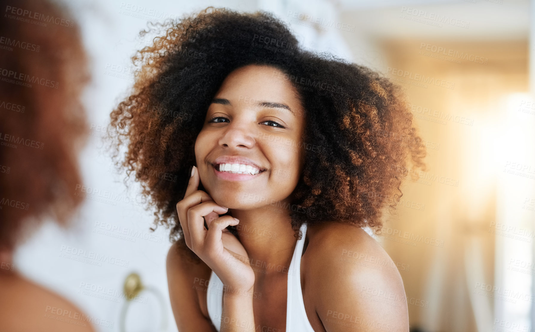 Buy stock photo Haircare, afro and black woman with smile, portrait and happy with natural hair, healthy or growth of hairstyle. Texture, proud and shine of hairdo, reflection and person in morning or house in Kenya