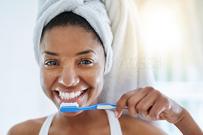 Buy stock photo Black girl, portrait and toothbrush for oral health in bathroom, morning and dental cleaning. Happy female person, healthcare and hygiene treatment in home, brushing and orthodontics for cosmetics