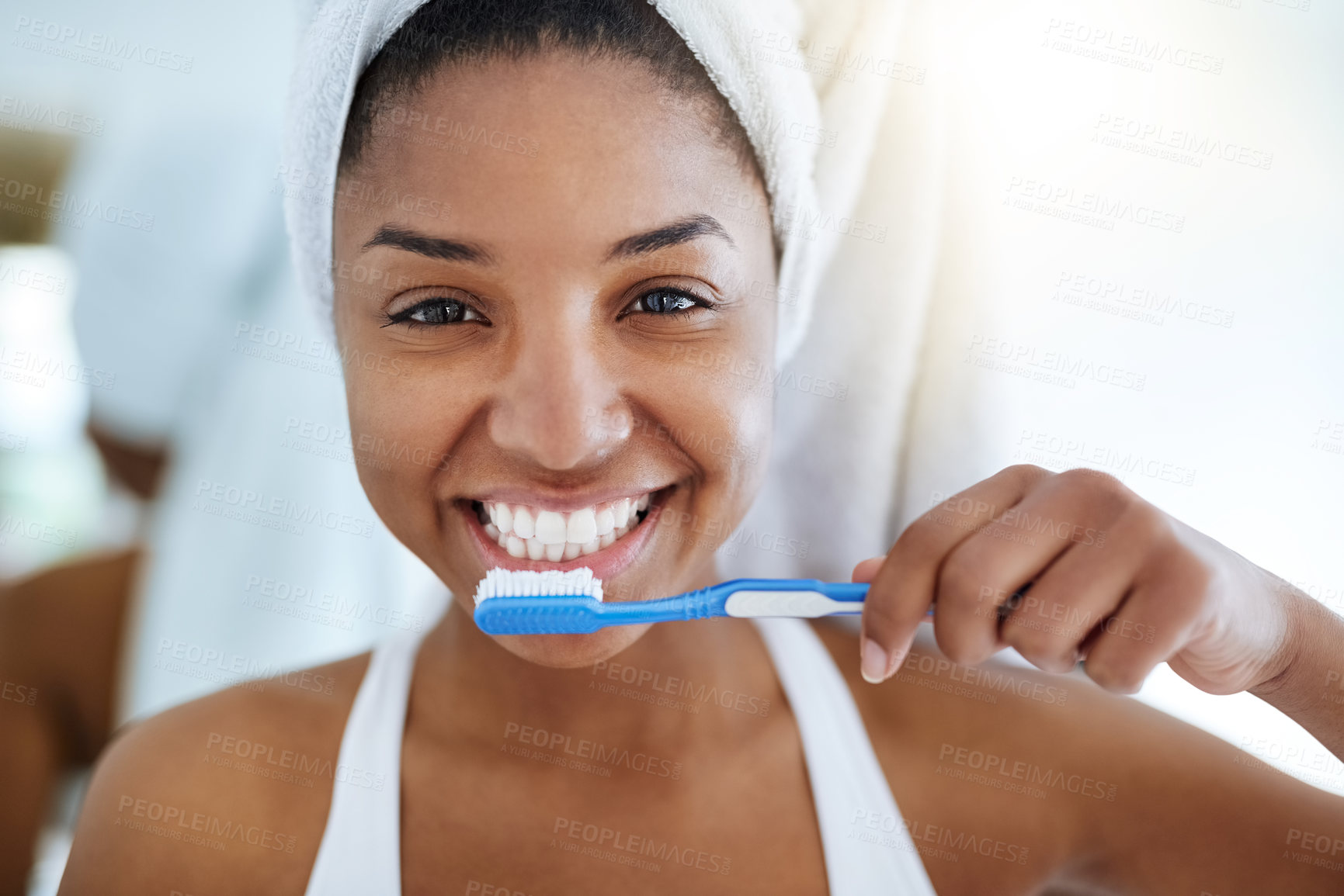 Buy stock photo Black girl, portrait and toothbrush for oral hygiene in bathroom, morning and dental cleaning. Happy female person, healthcare and gum health for wellness, brushing and orthodontics for cosmetics