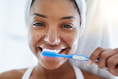 Buy stock photo Black girl, portrait and toothbrush for health in bathroom, morning and dental cleaning. Happy female person, healthcare and grooming for wellness in home, brushing and orthodontics for cosmetics