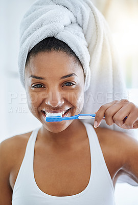 Buy stock photo Black girl, portrait and teeth brushing for health in bathroom, morning and dental cleaning. Happy female person, healthcare and hygiene for wellness in home, brushing and orthodontics for cosmetics