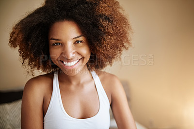 Buy stock photo Portrait of a happy young woman enjoying her morning routine at home