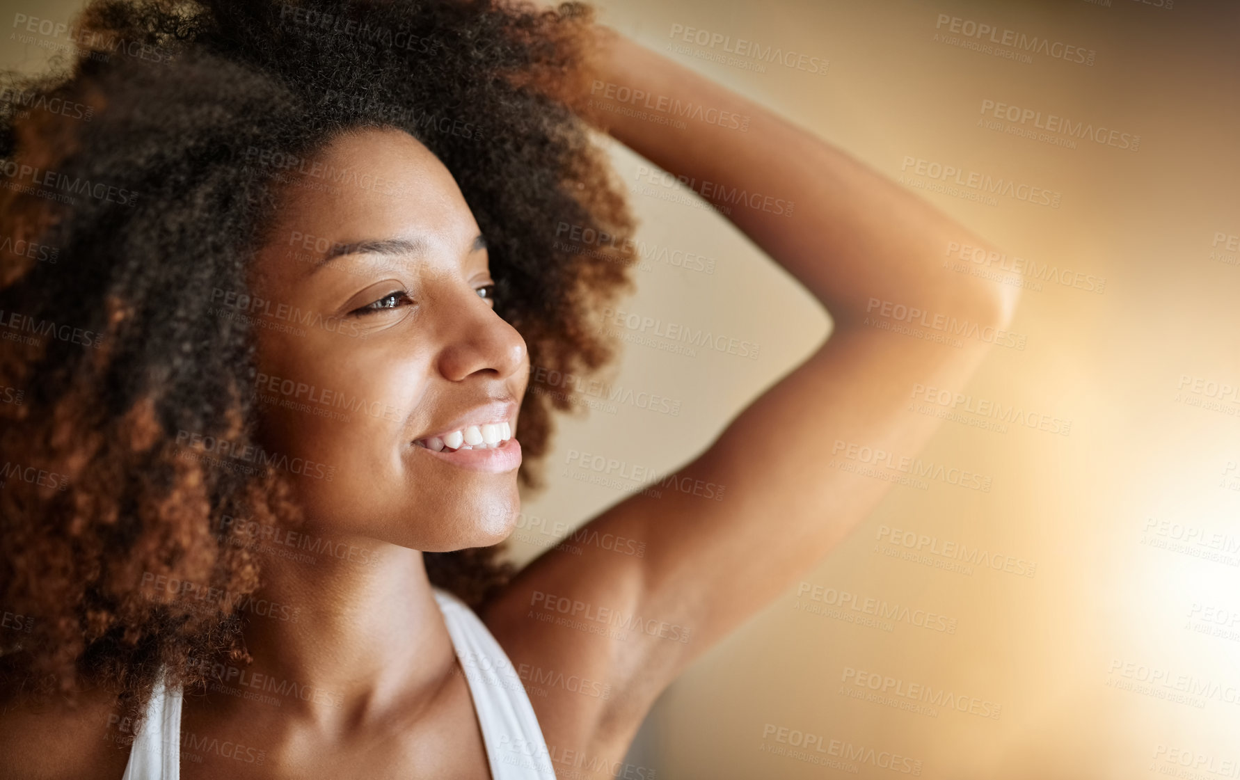 Buy stock photo Haircare, afro and black woman with smile, texture and happy with natural hair, healthy and growth of hairstyle. House, confident and shine of hairdo, hairdresser and person in morning and proud