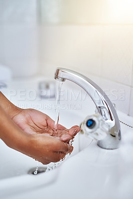 Buy stock photo Hands, washing hands and water at sink, hygiene and liquid for cleaning germs, dirt and bacteria. Person, fingers and palm splash for cosmetics or sanitary, grooming and prevention of sick or virus