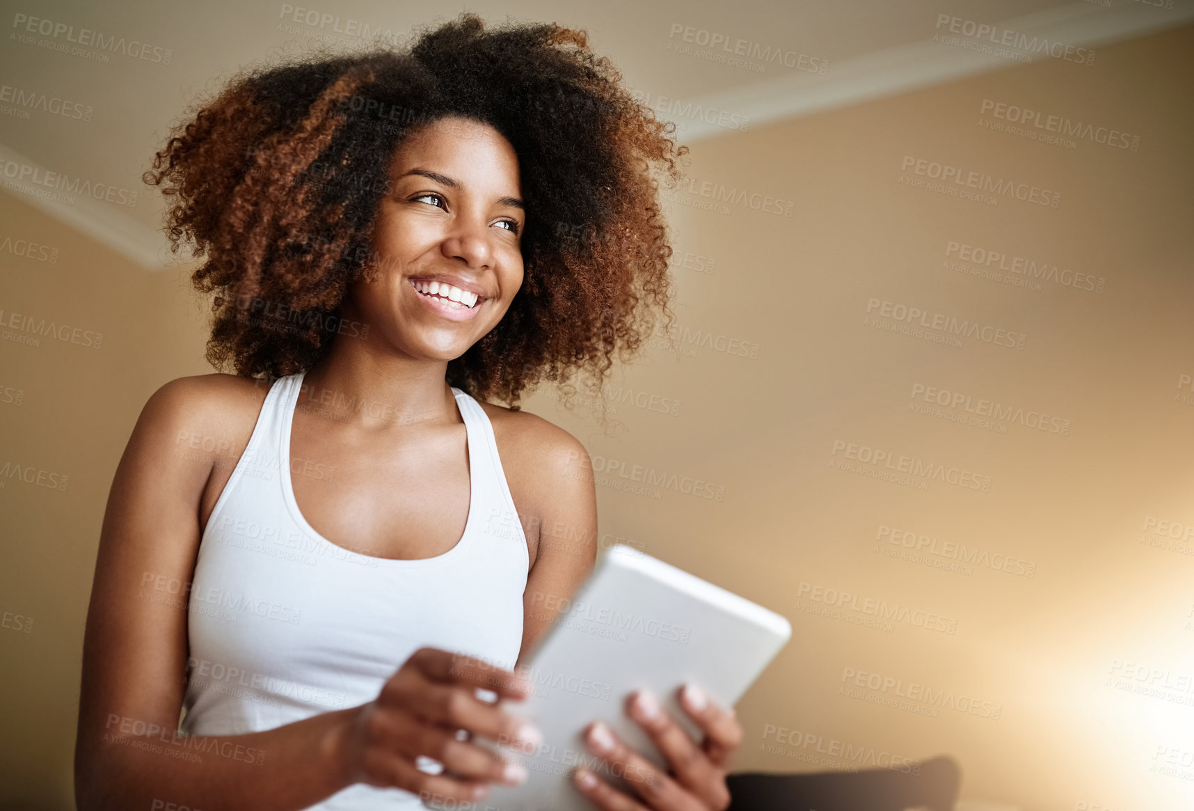 Buy stock photo Woman, happy or tablet with thinking in home of notifications, social media post and morning news. African girl, smile and relax in bedroom with digital tech for online shopping, daydreaming or space