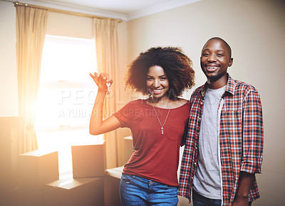 Buy stock photo Black couple, real estate and portrait or happy in new house with keys, support or moving day with sunlight. People, homeowner and excited for property investment, dream home or relocation with boxes