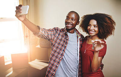 Buy stock photo Black couple, real estate and happy with selfie new house with bonding, support and break or relax from moving. People, homeowner and smile for property investment, dream home or relocation with keys