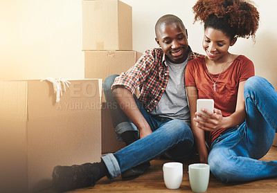 Buy stock photo Black couple, happy and selfie on floor in new house with bonding, support or relax from moving with box. People, homeowner or memory for property investment, dream home or relocation profile picture