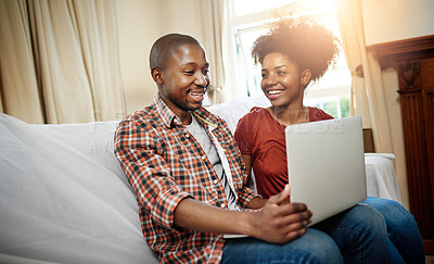 Buy stock photo Home, sunshine and black couple with laptop, love and connection with internet, relationship and lens flare. Apartment, relaxing and man with woman, computer and online reading with streaming service
