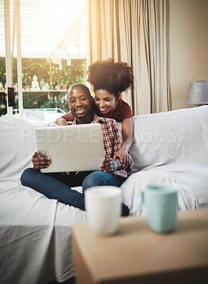 Buy stock photo Home, happiness and black couple with laptop, love and connection with internet, smile and lens flare. Apartment, sunshine or man with woman, computer and online for streaming service or comedy movie