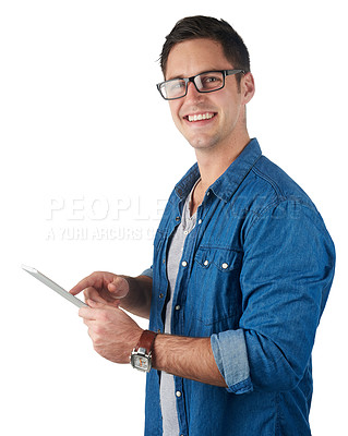 Buy stock photo Business man, tech worker tablet and portrait of a digital employee online ready for work. White background, smile and happiness of iot and ux planning of a developer model in a studio happy