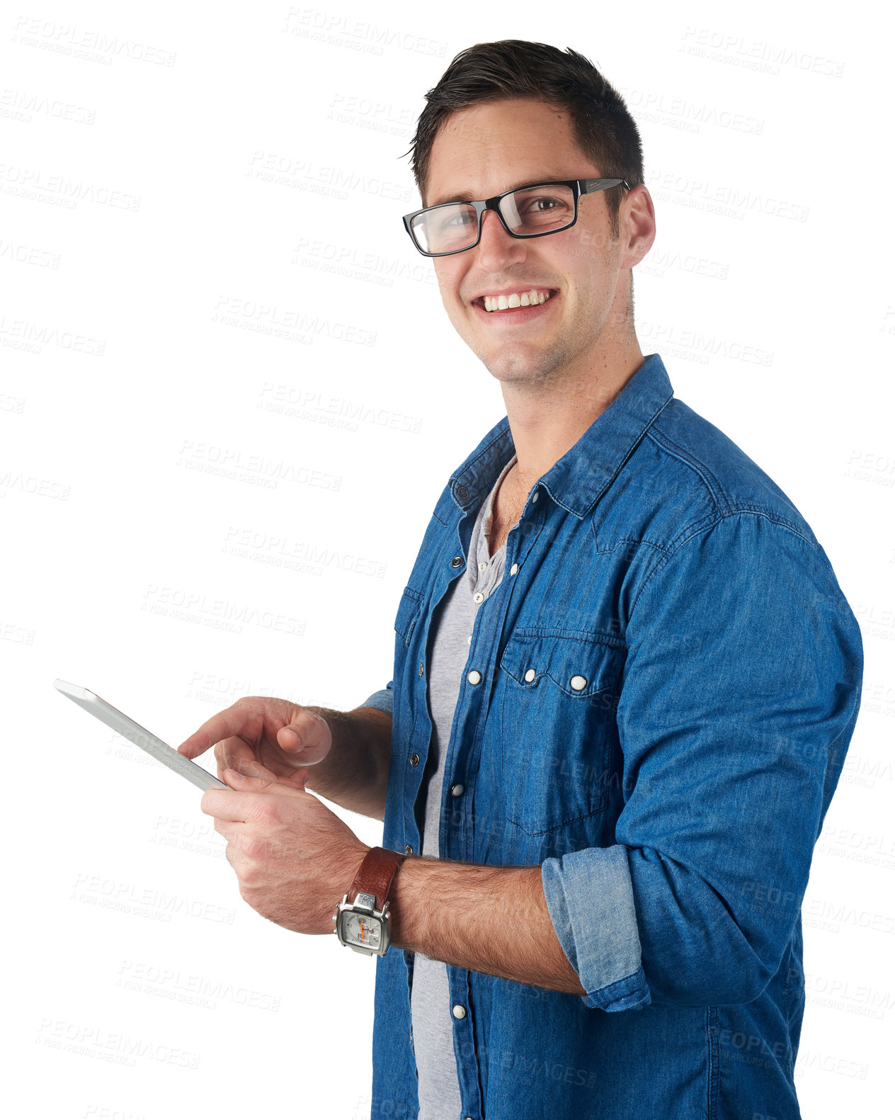 Buy stock photo Business man, tech worker tablet and portrait of a digital employee online ready for work. White background, smile and happiness of iot and ux planning of a developer model in a studio happy