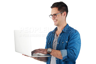 Buy stock photo Studio, laptop and business man with glasses reading news, online website or social media isolated on white background. Digital technology, software and email marketing of employee, worker or user