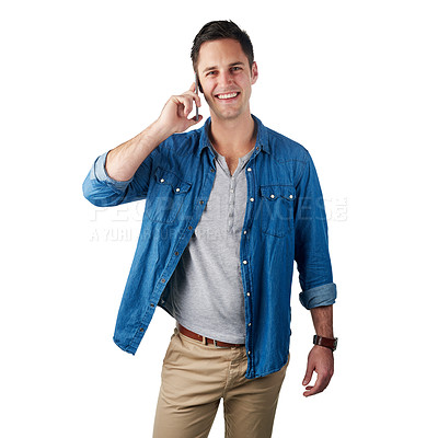Buy stock photo Phone call, happy and portrait of a man in a studio with a casual, stylish and cool outfit. Communication, smile and male model from Canada on a mobile conversation isolated by a white background.