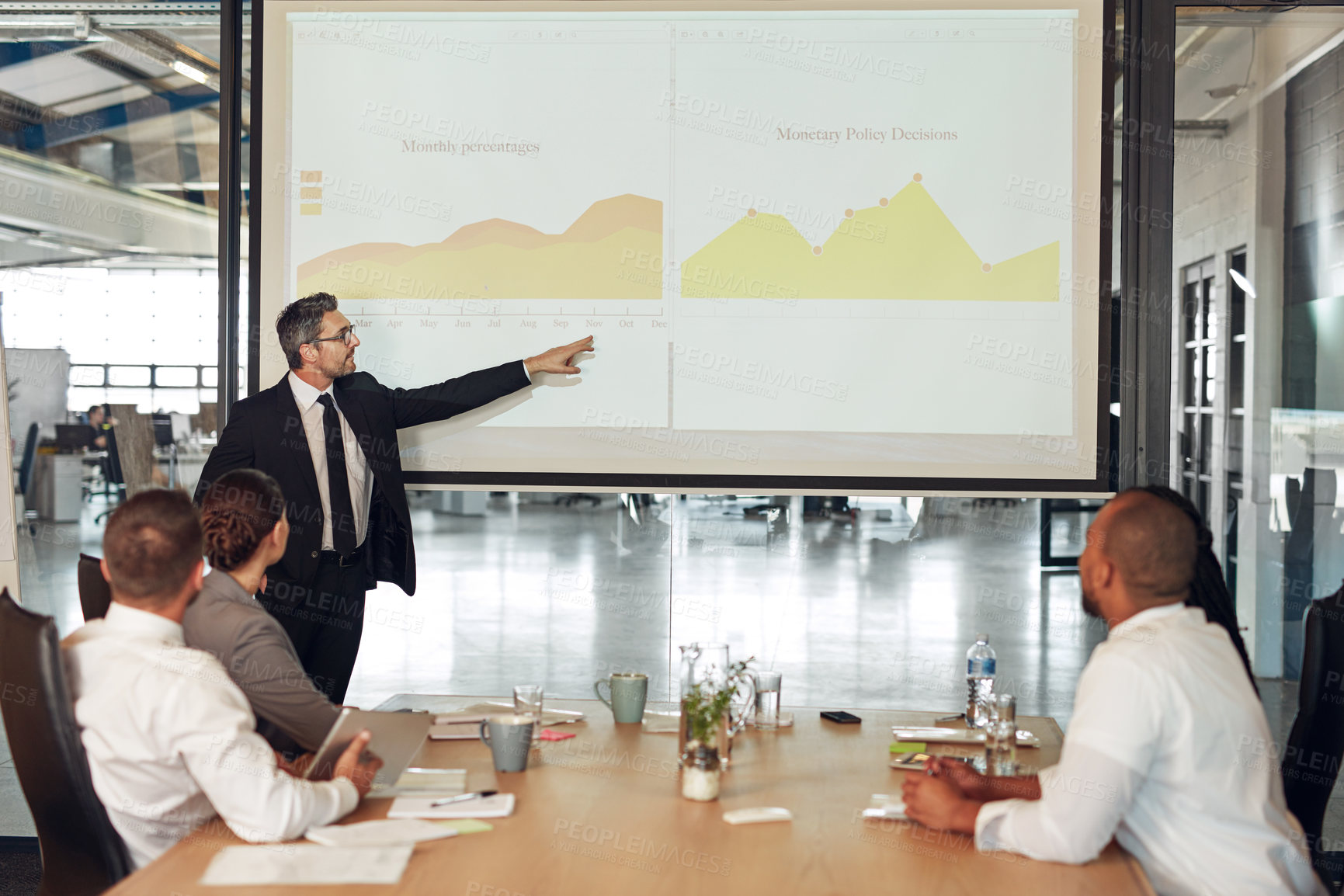 Buy stock photo Businessman, presentation and conference room with statistics for financial analysis, charts or report. Colleagues, office and data review for company productivity or brainstorming, sales or growth