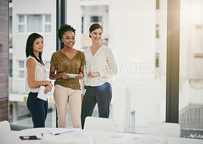 Buy stock photo Business people, office and tablet with vision and digital content thinking in staff meeting. Collaboration, tech teamwork and digital news company with working on web project and article app