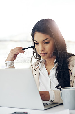 Buy stock photo Business woman, laptop and thinking in office with vision, internet research and strategy for goals. Young executive, computer and brainstorming for ideas, focus and website management in workplace