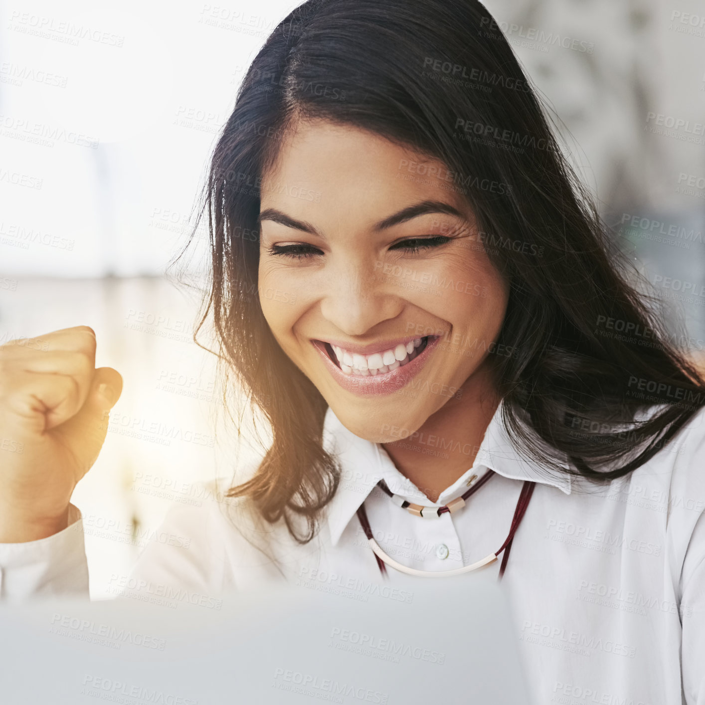 Buy stock photo Winner, success and business woman with fist pump for online winning, stock market trading and target celebration. Laptop, yes and excited professional person on email promotion, lottery or good news