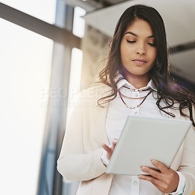 Buy stock photo Business woman with tablet, research and technology, web designer at startup and connection, email and SEO. Female at digital marketing agency, webdesign and wifi with website development