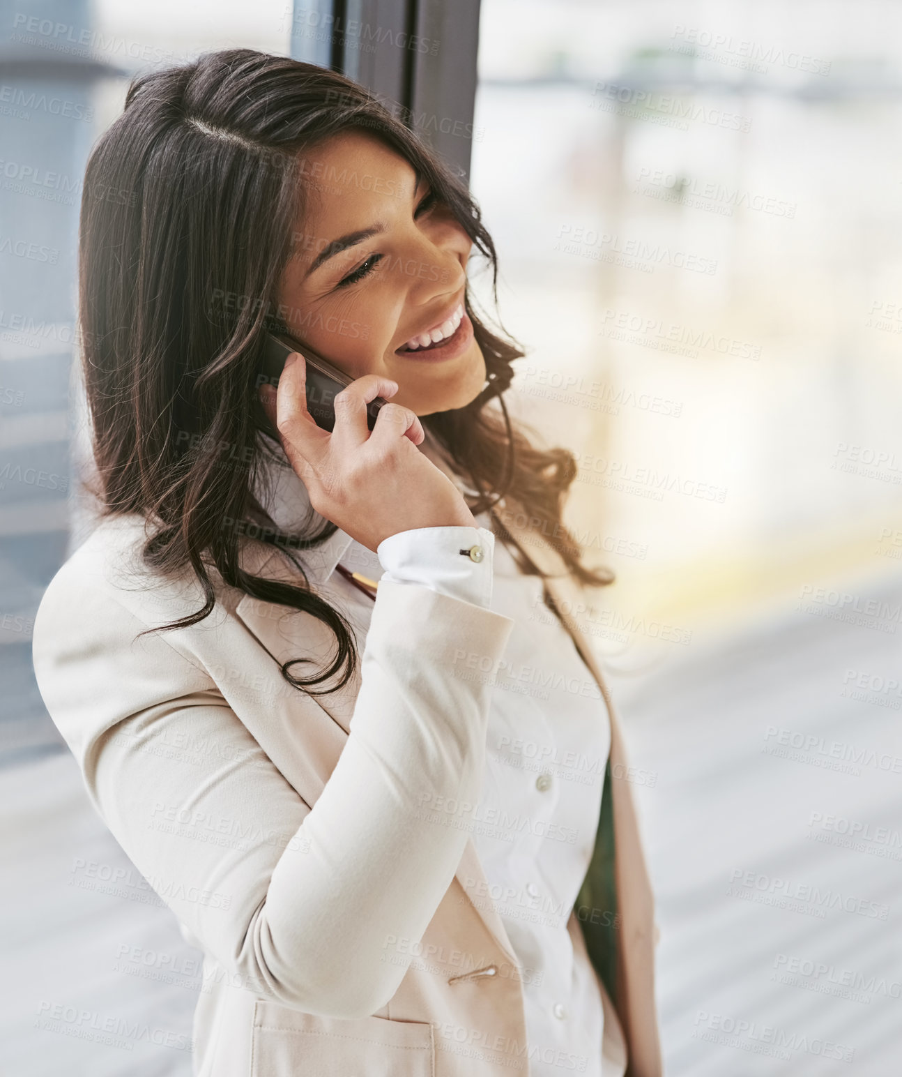 Buy stock photo Business woman, phone call and networking with communication and deal negotiation, b2b and smile. Company contact, connectivity and happy female, chat on mobile and talking with work and employee