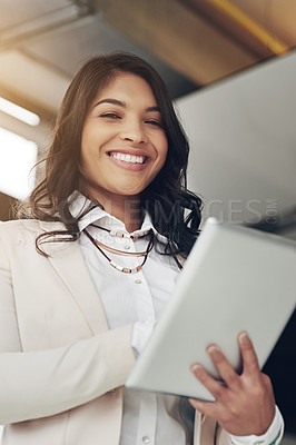 Buy stock photo Business woman, tablet and portrait with happiness in office for web design, seo app and planning. Digital entrepreneur, mobile touchscreen ui and happy in workplace for goals, motivation and success