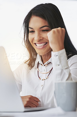 Buy stock photo Winning, laptop and business woman with fist pump for online success, stock market trading and target celebration. Winner, yes and excited professional person on email promotion, lottery or good news