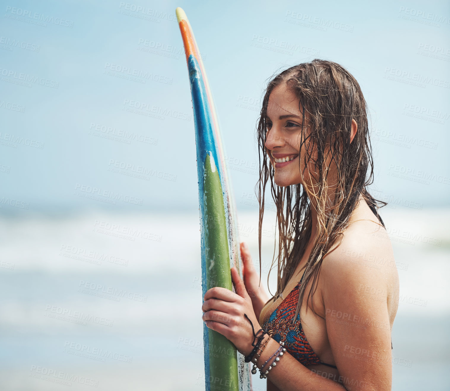 Buy stock photo Happy, surfing and woman with surfboard at beach for summer holiday, vacation and outdoor adventure. Travel, smile and surfer by ocean, waves and sea for water sports, training and hobby in Miami