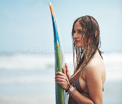 Buy stock photo Thinking, surfing and woman with surfboard at beach for summer holiday, vacation and outdoor adventure. Travel, nature and surfer by ocean, waves and sea for water sports, training and fun hobby