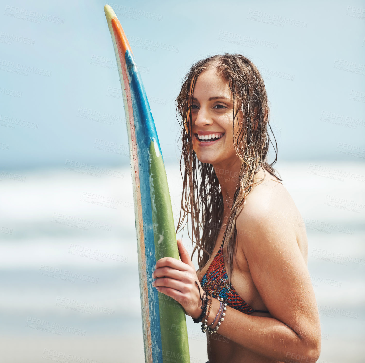 Buy stock photo Happy, ocean and woman with surfboard at beach for summer holiday, vacation and adventure in nature. Travel, smile and surfer by sea, waves and coast for water sports, training and hobby in Miami