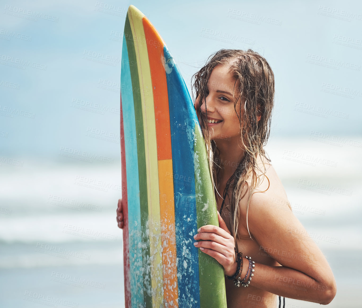 Buy stock photo Surfboard, woman and beach with smile, water sport and sea with surfing exercise in bikini. Outdoor, summer and travel with holiday, break and happy surfer with gear and tropical vacation in Bali