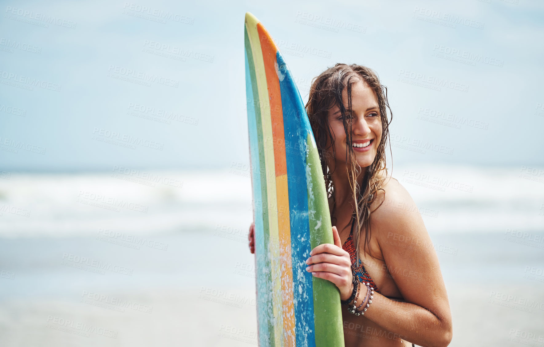 Buy stock photo Happy, holiday and woman with surfboard at beach for summer weekend, vacation and outdoor adventure. Nature, smile and surfer by ocean, waves and sea for water sports, training and hobby in Miami