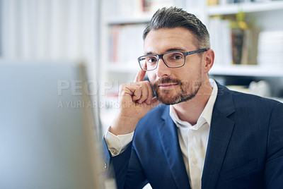 Buy stock photo Portrait, confidence and business man in office on computer for career or job in Germany. Face, serious and professional advisor in glasses, entrepreneur and corporate employee in suit at workplace