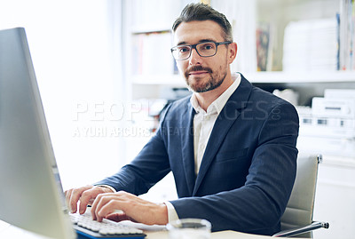 Buy stock photo Businessman, smile and working in portrait on computer, email or planning a project in home office. Mature worker, sitting and writing a review or search on technology, typing for report or proposal