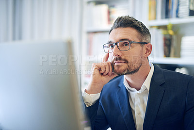 Buy stock photo Corporate, desktop and man with thinking in office for compliance review, policy or schedule. Administration, technology and professional person with idea for email, planning or brainstorming at work