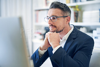 Buy stock photo Business, focus and man with a computer, email and search internet for website information, solution and online reading. Male person, ceo and employee with a pc, concentration and digital planning
