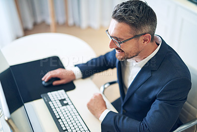 Buy stock photo Business, computer and man with smile, investment and broker with trading and stock market with keyboard. Accountant, economy and employee with pc and online reading with news and hedge fund manager