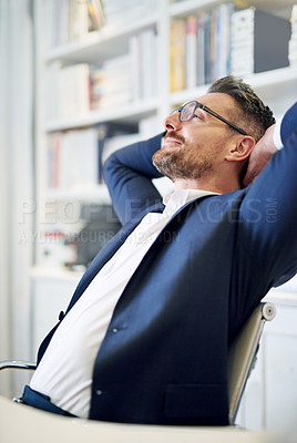 Buy stock photo Businessman, calm and corporate office, smile and happy male person with bookshelf and books for information. Proud, finish tasks and relax for goals done and targets reach in professional workplace