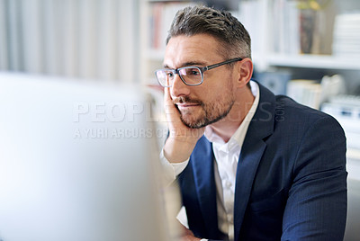 Buy stock photo Corporate, monitor and man with thinking in office for compliance review, policy or feedback. Administration, digital technology and professional person with idea for email, brainstorming or planning