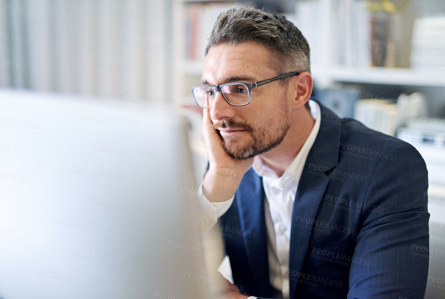 Buy stock photo Corporate, monitor and man with thinking in office for compliance review, policy or feedback. Administration, digital technology and professional person with idea for email, brainstorming or planning