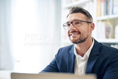 Buy stock photo Business, focus and man with a laptop, thinking and search internet for website information, problem solving and opportunity. Male person, happy ceo and employee with ideas, project and concentration