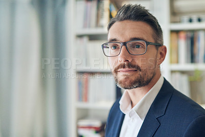 Buy stock photo Thinking, consultant and business man in home office for inspiration, idea or future goals. Professional, thoughtful and male freelancer for decision, opportunity or company profit in workplace