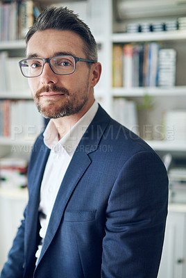 Buy stock photo Portrait, serious and business man in workplace for career or job in office in Australia. Face, confidence and professional salesman in glasses, entrepreneur and corporate employee in suit at company