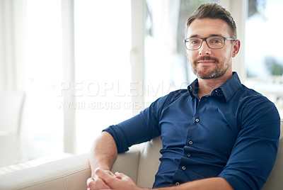 Buy stock photo Portrait, man and glasses with shirt on couch for work break, eyewear and comfort in home. Sofa, content and face of male person in living room with confidence for relaxed mood, day off and sitting
