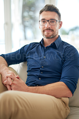 Buy stock photo Portrait, confident or man to relax on sofa in weekend, break or getaway to dream destination. Businessman, ambition or vision of leisure, recreation or satisfaction on vacation for stress relief