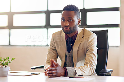 Buy stock photo Business, black man and happy in office with portrait as corporate attorney, legal advisor and paperwork or reports for reading. Businessman, advocate and executive lawyer for law firm or company.