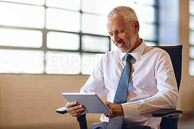 Buy stock photo CEO, tablet and happy business man in office for email communication, management or research. Corporate, internet and technology with smile of mature boss or employer reading info in workplace
